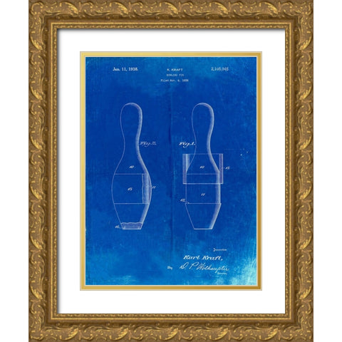PP653-Faded Blueprint Bowling Pin 1938 Patent Poster Gold Ornate Wood Framed Art Print with Double Matting by Borders, Cole