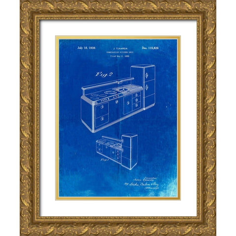 PP659-Faded Blueprint Kitchen Cabinets Poster Gold Ornate Wood Framed Art Print with Double Matting by Borders, Cole