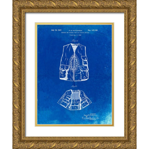 PP661-Faded Blueprint Hunting and Fishing Vest Patent Poster Gold Ornate Wood Framed Art Print with Double Matting by Borders, Cole