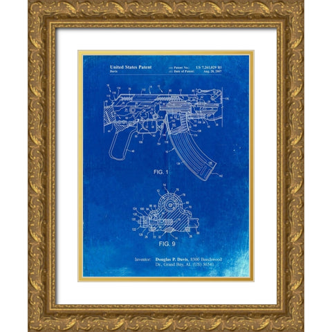 PP701-Faded Blueprint Ak-47 Bolt Locking Patent Print Gold Ornate Wood Framed Art Print with Double Matting by Borders, Cole