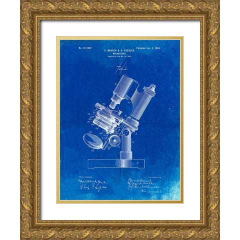 PP721-Faded Blueprint Bausch and Lomb Microscope Patent Poster Gold Ornate Wood Framed Art Print with Double Matting by Borders, Cole