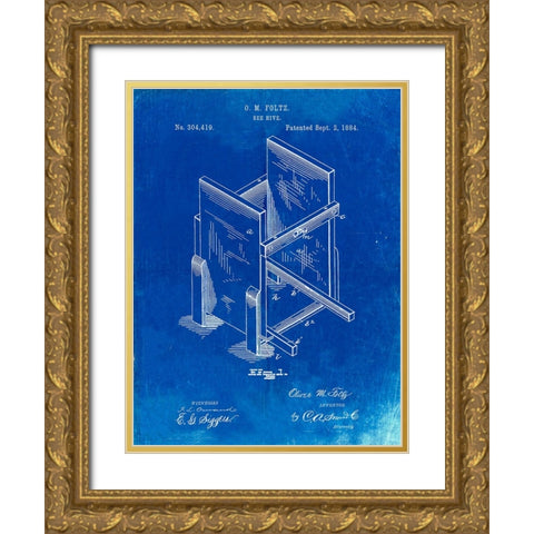 PP725-Faded Blueprint Bee Hive Frames Patent Poster Gold Ornate Wood Framed Art Print with Double Matting by Borders, Cole