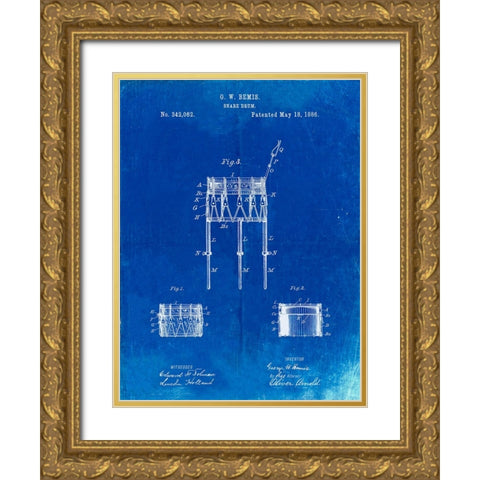 PP732-Faded Blueprint Bemis Marching Snare Drum and Stand Patent Poster Gold Ornate Wood Framed Art Print with Double Matting by Borders, Cole