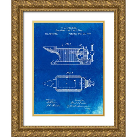 PP741-Faded Blueprint Blacksmith Anvil Patent Poster Gold Ornate Wood Framed Art Print with Double Matting by Borders, Cole