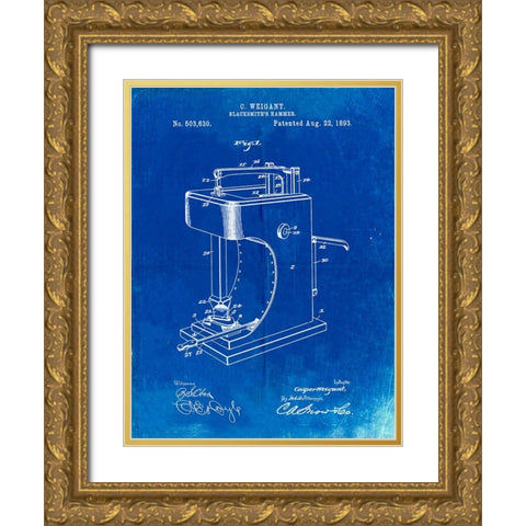 PP743-Faded Blueprint Blacksmith Hammer 1893 Patent Poster Gold Ornate Wood Framed Art Print with Double Matting by Borders, Cole