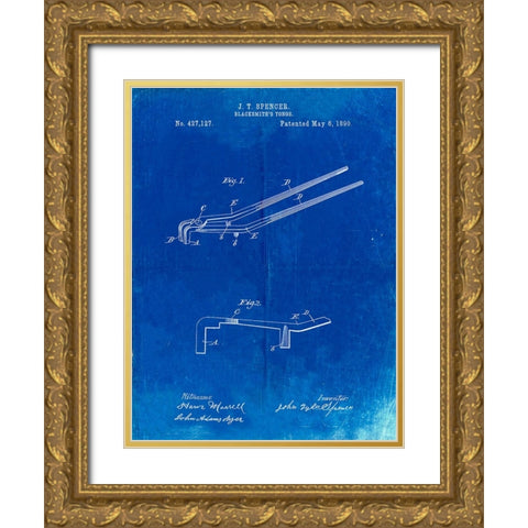PP744-Faded Blueprint Blacksmith Tongs Patent Poster Gold Ornate Wood Framed Art Print with Double Matting by Borders, Cole