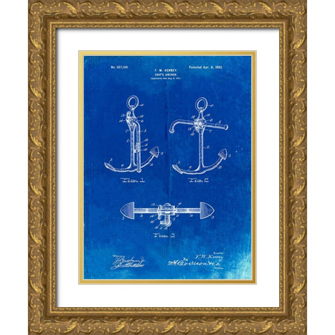 PP745-Faded Blueprint Boat Anchor Patent Poster Gold Ornate Wood Framed Art Print with Double Matting by Borders, Cole