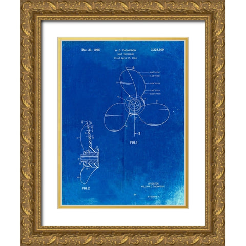 PP746-Faded Blueprint Boat Propeller 1964 Patent Poster Gold Ornate Wood Framed Art Print with Double Matting by Borders, Cole