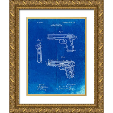 PP755-Faded Blueprint Browning No. 2 Handgun Patent Poster Gold Ornate Wood Framed Art Print with Double Matting by Borders, Cole