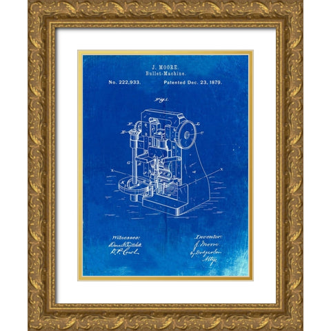 PP757-Faded Blueprint Bullet Machine Patent Poster Gold Ornate Wood Framed Art Print with Double Matting by Borders, Cole