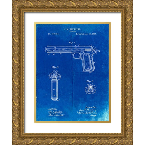 PP770-Faded Blueprint Colt Automatic Pistol of 1900 Patent Poster Gold Ornate Wood Framed Art Print with Double Matting by Borders, Cole