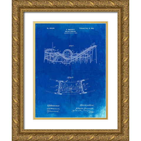 PP772-Faded Blueprint Coney Island Loop the Loop Roller Coaster Patent Poster Gold Ornate Wood Framed Art Print with Double Matting by Borders, Cole
