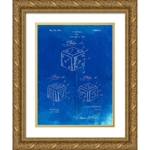 PP781-Faded Blueprint Dice 1923 Patent Poster Gold Ornate Wood Framed Art Print with Double Matting by Borders, Cole