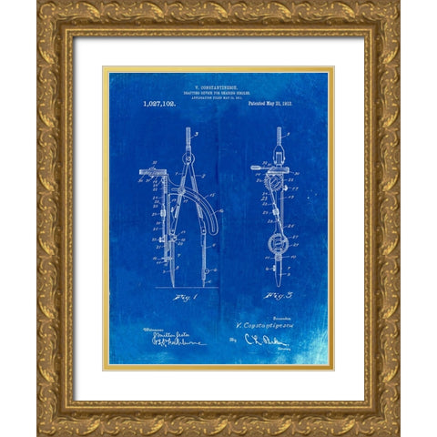 PP785-Faded Blueprint Drafting Compass 1912 Patent Poster Gold Ornate Wood Framed Art Print with Double Matting by Borders, Cole