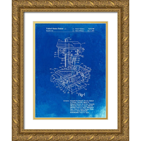 PP788-Faded Blueprint Drill Press Patent Poster Gold Ornate Wood Framed Art Print with Double Matting by Borders, Cole