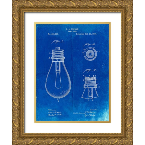 PP796-Faded Blueprint Edison Lamp Base Patent Print Gold Ornate Wood Framed Art Print with Double Matting by Borders, Cole