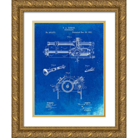 PP798-Faded Blueprint Edison Phonograph Patent Poster Gold Ornate Wood Framed Art Print with Double Matting by Borders, Cole