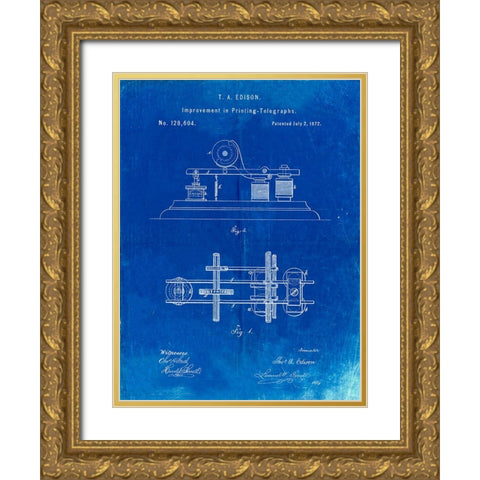 PP799-Faded Blueprint Edison Printing Telegraph Patent Art Gold Ornate Wood Framed Art Print with Double Matting by Borders, Cole