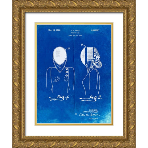 PP805-Faded Blueprint Fencing Mask Patent Poster Gold Ornate Wood Framed Art Print with Double Matting by Borders, Cole