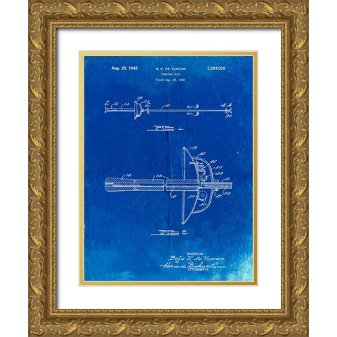 PP806-Faded Blueprint Fencing Sword Patent Poster Gold Ornate Wood Framed Art Print with Double Matting by Borders, Cole