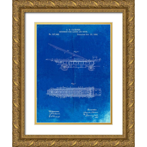 PP808-Faded Blueprint Fire Extension Ladder 1894 Patent Poster Gold Ornate Wood Framed Art Print with Double Matting by Borders, Cole