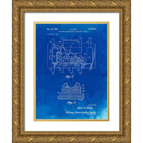 PP813-Faded Blueprint First Integrated Circuit Patent Poster Gold Ornate Wood Framed Art Print with Double Matting by Borders, Cole