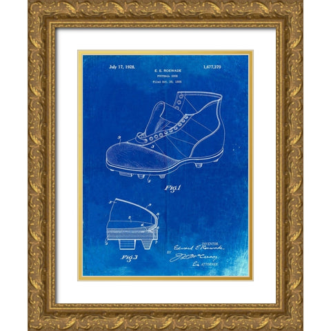PP823-Faded Blueprint Football Cleat 1928 Patent Poster Gold Ornate Wood Framed Art Print with Double Matting by Borders, Cole