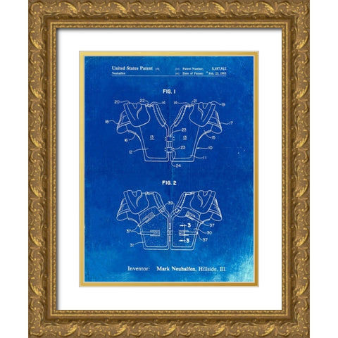 PP829-Faded Blueprint Football Shoulder Pads Patent Gold Ornate Wood Framed Art Print with Double Matting by Borders, Cole
