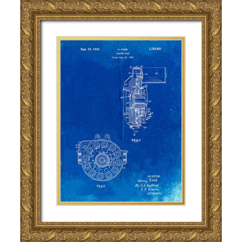 PP833-Faded Blueprint Ford Car Starter Gear 1928 Patent Poster Gold Ornate Wood Framed Art Print with Double Matting by Borders, Cole
