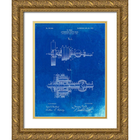 PP840-Faded Blueprint Ford Drive Gear Patent Art Gold Ornate Wood Framed Art Print with Double Matting by Borders, Cole