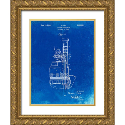 PP842-Faded Blueprint Ford Fuel Pump 1933 Patent Poster Gold Ornate Wood Framed Art Print with Double Matting by Borders, Cole