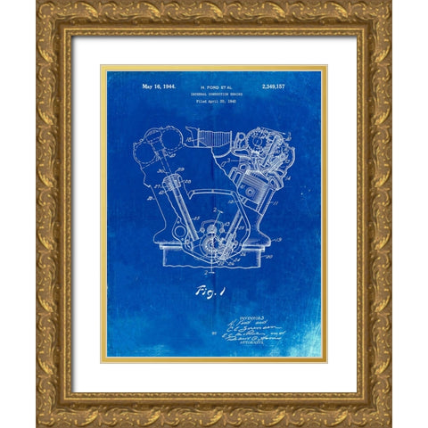 PP844-Faded Blueprint Ford Internal Combustion Engine Poster Gold Ornate Wood Framed Art Print with Double Matting by Borders, Cole