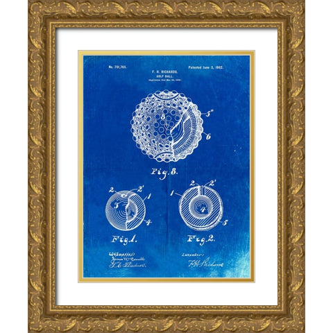 PP856-Faded Blueprint Golf Ball 1902 Patent Poster Gold Ornate Wood Framed Art Print with Double Matting by Borders, Cole