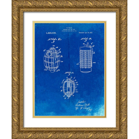 PP866-Faded Blueprint Hand Grenade 1915 Patent Poster Gold Ornate Wood Framed Art Print with Double Matting by Borders, Cole