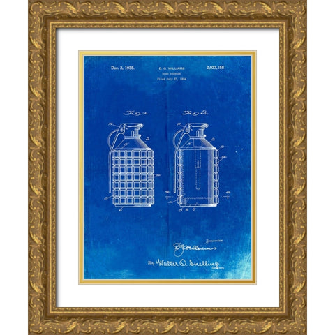PP867-Faded Blueprint Hand Grenade Patent Poster Gold Ornate Wood Framed Art Print with Double Matting by Borders, Cole