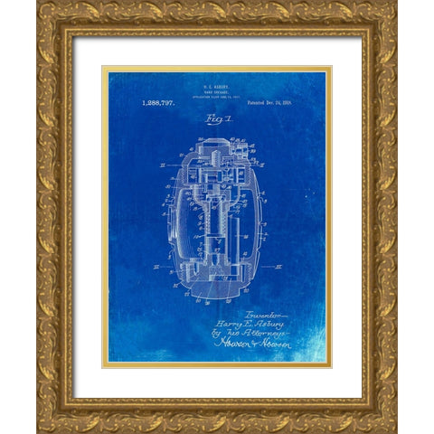 PP868-Faded Blueprint Hand Grenade World War 1 Patent Poster Gold Ornate Wood Framed Art Print with Double Matting by Borders, Cole
