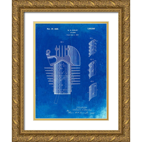 PP869-Faded Blueprint Harley Davidson Cylinder 1919 Patent Poster Gold Ornate Wood Framed Art Print with Double Matting by Borders, Cole