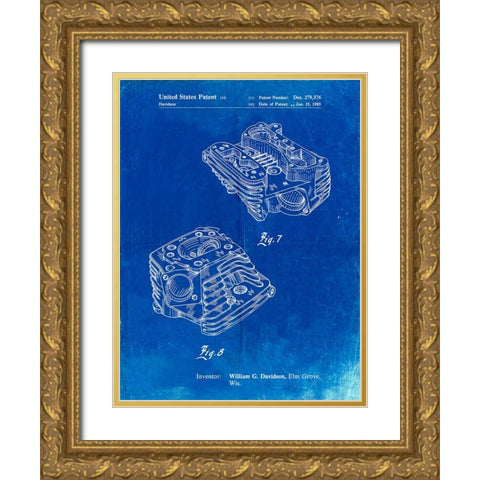 PP870-Faded Blueprint Harley Davidson Engine Head Patent Poster Gold Ornate Wood Framed Art Print with Double Matting by Borders, Cole