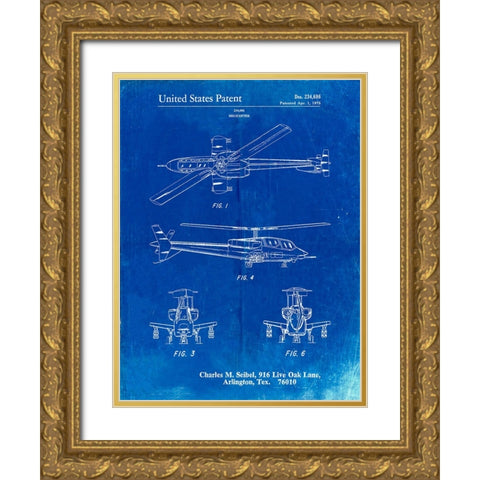 PP876-Faded Blueprint Helicopter Patent Print Gold Ornate Wood Framed Art Print with Double Matting by Borders, Cole