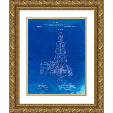 PP886-Faded Blueprint Hydraulic Drilling Rig Patent Poster Gold Ornate Wood Framed Art Print with Double Matting by Borders, Cole