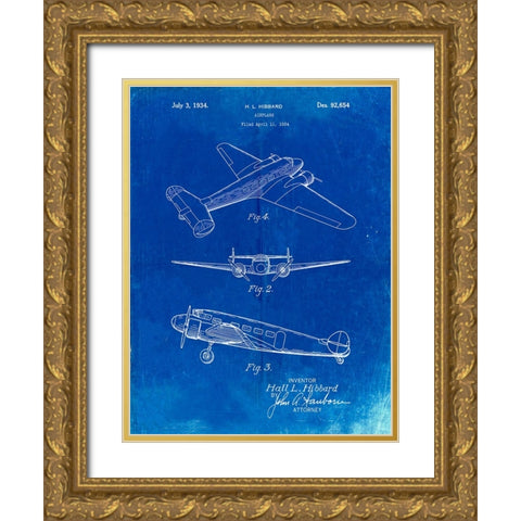 PP945-Faded Blueprint Lockheed Electra Airplane Patent Poster Gold Ornate Wood Framed Art Print with Double Matting by Borders, Cole