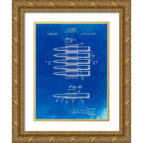 PP948-Faded Blueprint Machine Gun Bullet Carrier Belt Patent Poster Gold Ornate Wood Framed Art Print with Double Matting by Borders, Cole