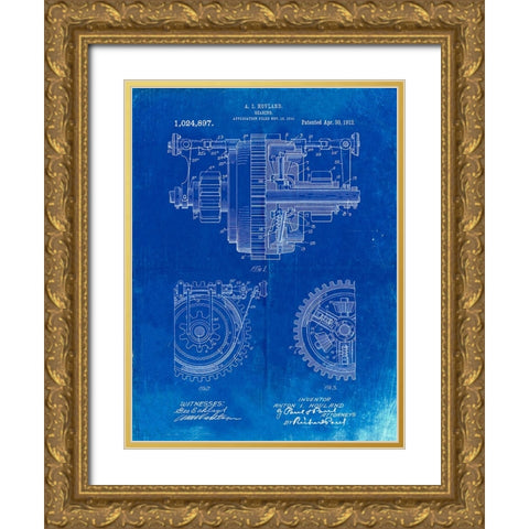 PP953-Faded Blueprint Mechanical Gearing 1912 Patent Poster Gold Ornate Wood Framed Art Print with Double Matting by Borders, Cole