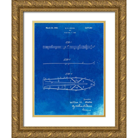 PP955-Faded Blueprint Metal Skis 1940 Patent Poster Gold Ornate Wood Framed Art Print with Double Matting by Borders, Cole