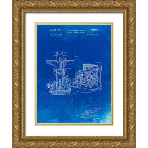 PP959-Faded Blueprint Missile Launching System patent 1961 Wall Art Poster Gold Ornate Wood Framed Art Print with Double Matting by Borders, Cole