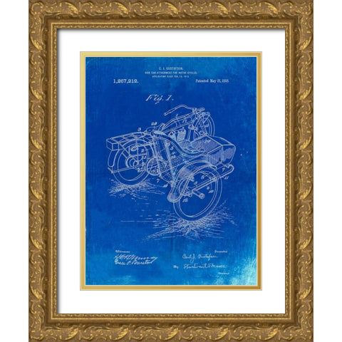 PP963-Faded Blueprint Motorcycle Sidecar 1918 Patent Poster Gold Ornate Wood Framed Art Print with Double Matting by Borders, Cole