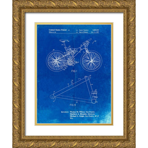 PP965-Faded Blueprint Mountain Bike Patent Art Gold Ornate Wood Framed Art Print with Double Matting by Borders, Cole