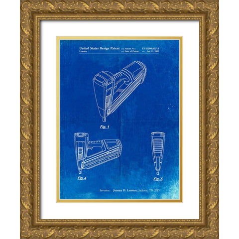 PP968-Faded Blueprint Nail Gun Poster Gold Ornate Wood Framed Art Print with Double Matting by Borders, Cole