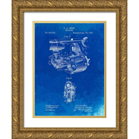 PP980-Faded Blueprint Owen Revolver Patent Art Gold Ornate Wood Framed Art Print with Double Matting by Borders, Cole