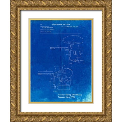 PP982-Faded Blueprint Paintball Gun Patent Art Gold Ornate Wood Framed Art Print with Double Matting by Borders, Cole